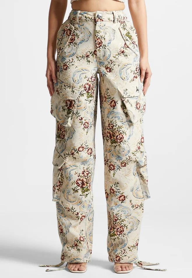 Manire De Voir Matching Sets Manire De Voir Woman Floral Jacquard High Waisted Cargo Pants 8211 Beige