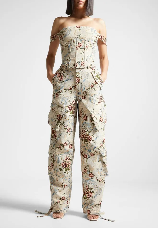Manire De Voir Matching Sets Manire De Voir Woman Floral Jacquard High Waisted Cargo Pants 8211 Beige