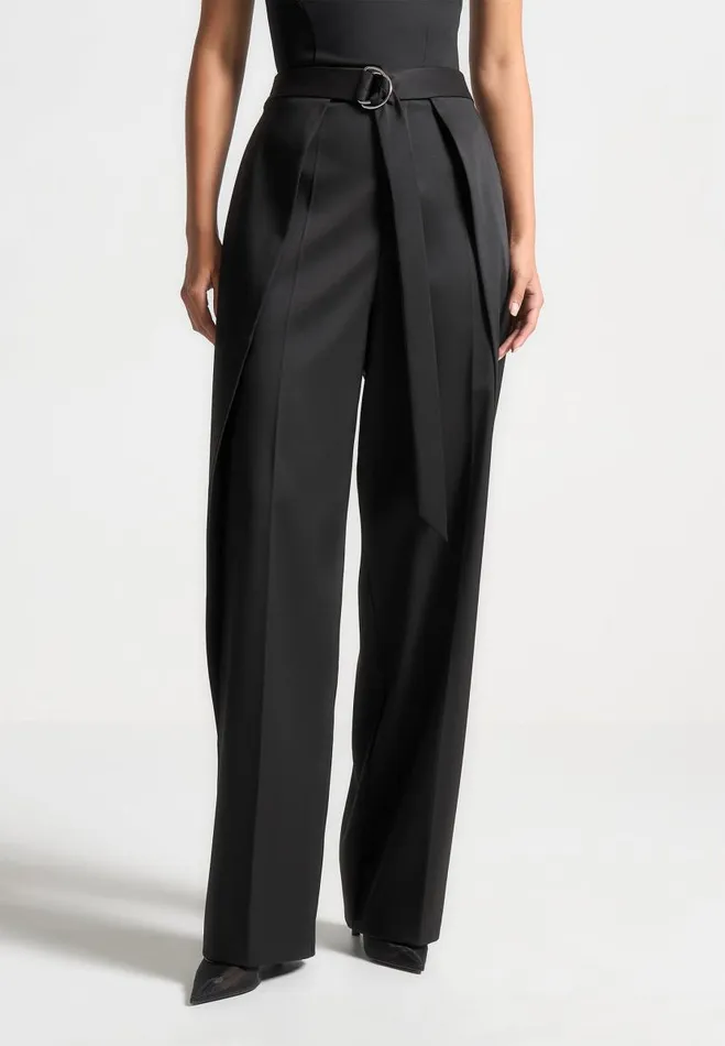 Manire De Voir Matching Sets Manire De Voir Woman Foldover Sateen Trousers With DRing Belt 8211 Black Manire De Voir Matching Sets Manire De Voir Woman Foldover Sateen Trousers With DRing Belt 8211 Black