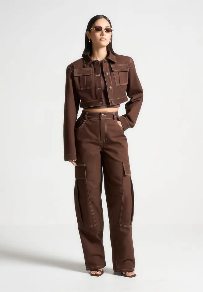 Manire De Voir Matching Sets Manire De Voir Woman High Rise Drill Cargo Pants 8211 Brown