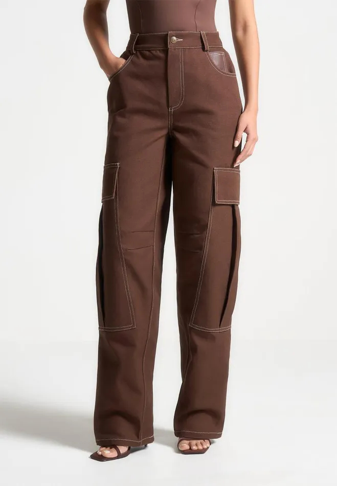 Manire De Voir Matching Sets Manire De Voir Woman High Rise Drill Cargo Pants 8211 Brown