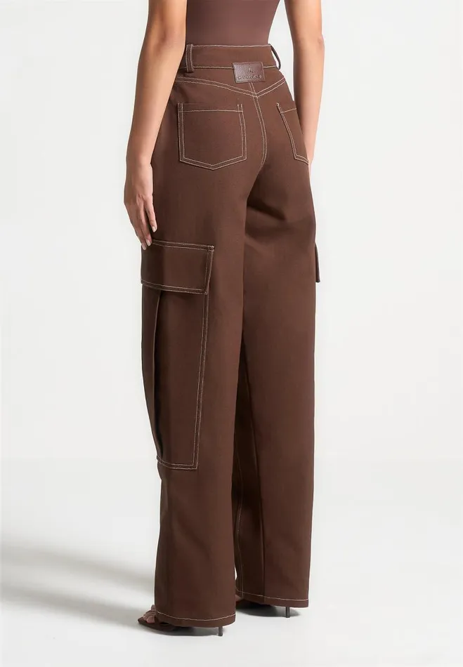Manire De Voir Matching Sets Manire De Voir Woman High Rise Drill Cargo Pants 8211 Brown