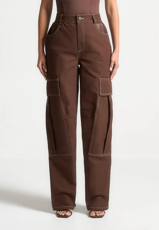 Manire De Voir Matching Sets Manire De Voir Woman High Rise Drill Cargo Pants 8211 Brown