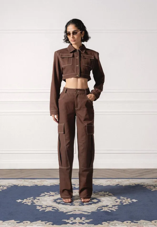 Manire De Voir Matching Sets Manire De Voir Woman High Rise Drill Cargo Pants 8211 Brown