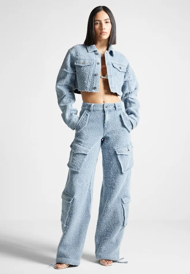 Manire De Voir Matching Sets Manire De Voir Woman High Waisted Boucle Denim Cargo Pants 8211 Mid Blue Manire De Voir Matching Sets Manire De Voir Woman High Waisted Boucle Denim Cargo Pants 8211 Mid Blue