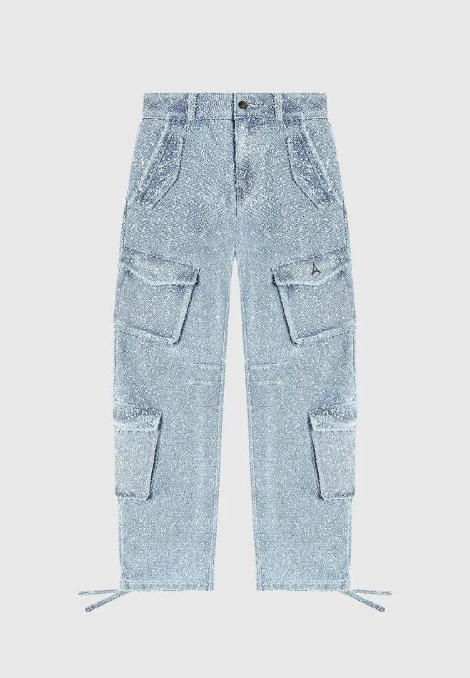 Manire De Voir Matching Sets Manire De Voir Woman High Waisted Boucle Denim Cargo Pants 8211 Mid Blue
