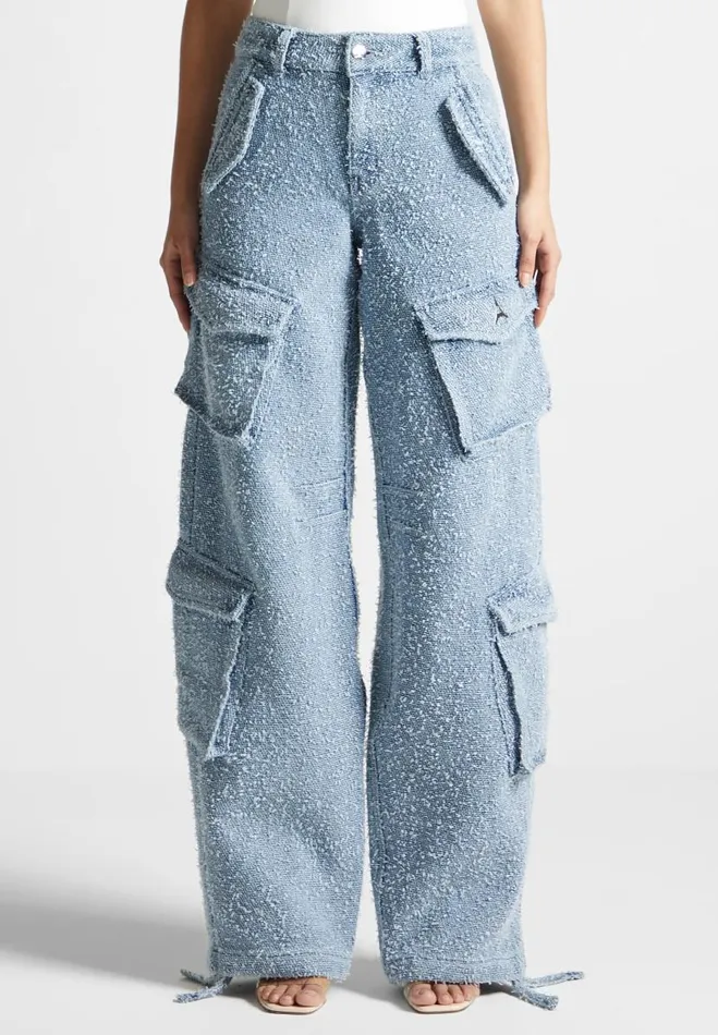 Manire De Voir Matching Sets Manire De Voir Woman High Waisted Boucle Denim Cargo Pants 8211 Mid Blue