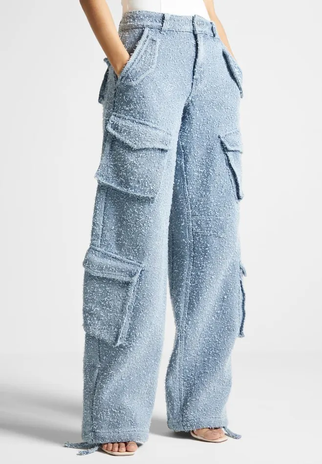 Manire De Voir Matching Sets Manire De Voir Woman High Waisted Boucle Denim Cargo Pants 8211 Mid Blue