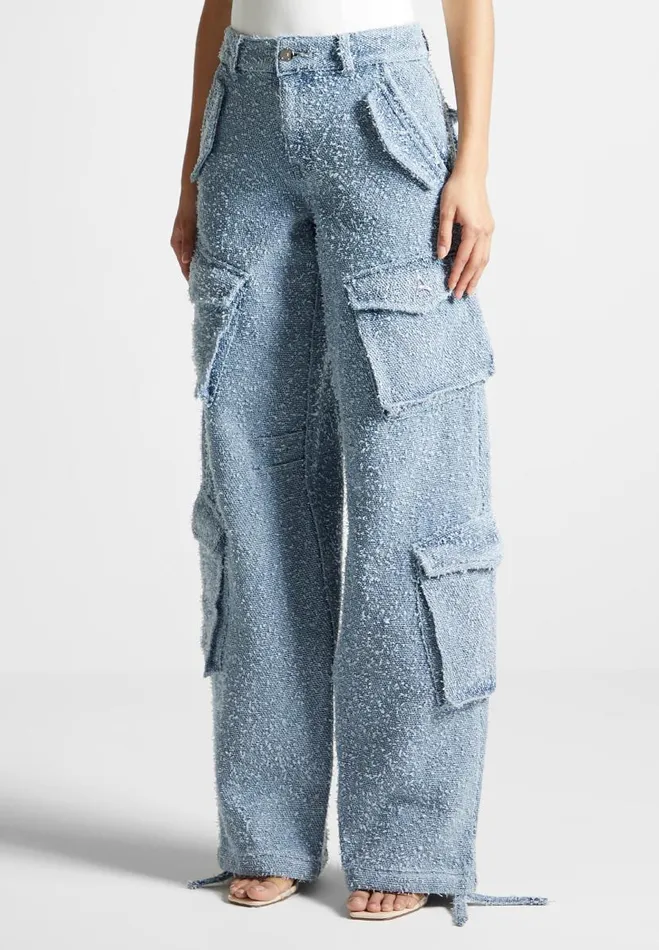 Manire De Voir Matching Sets Manire De Voir Woman High Waisted Boucle Denim Cargo Pants 8211 Mid Blue