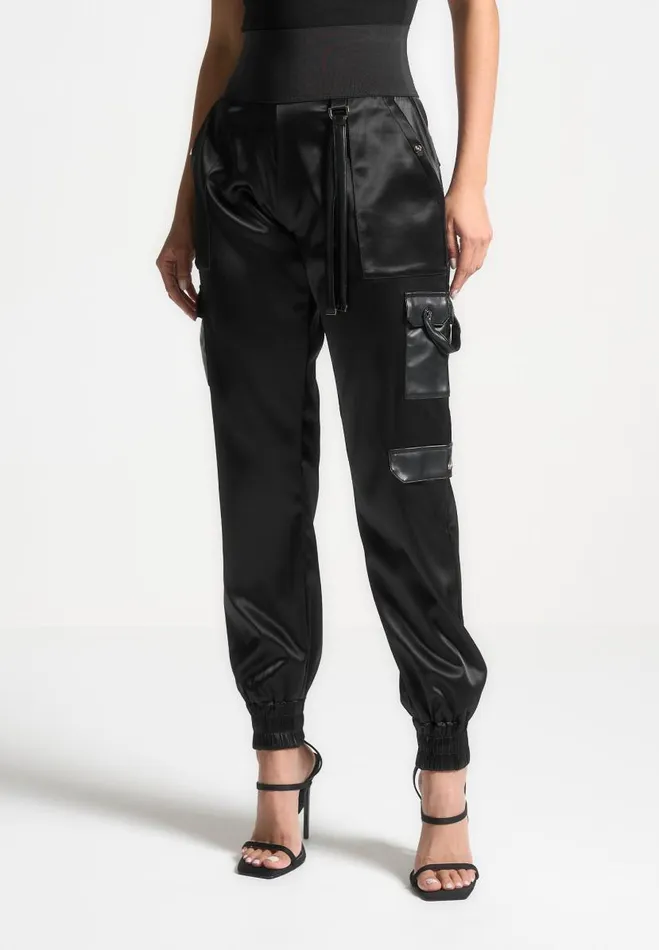 Manire De Voir Matching Sets Manire De Voir Woman High Waisted Satin Cargo Trousers 8211 Black Manire De Voir Matching Sets Manire De Voir Woman High Waisted Satin Cargo Trousers 8211 Black
