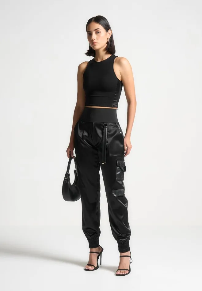 Manire De Voir Matching Sets Manire De Voir Woman High Waisted Satin Cargo Trousers 8211 Black