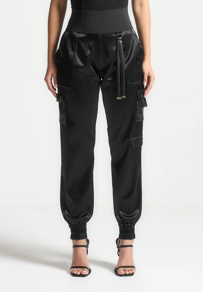 Manire De Voir Matching Sets Manire De Voir Woman High Waisted Satin Cargo Trousers 8211 Black