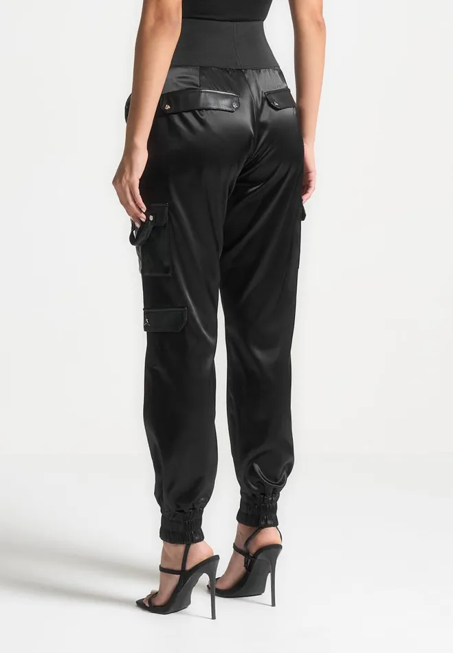 Manire De Voir Matching Sets Manire De Voir Woman High Waisted Satin Cargo Trousers 8211 Black