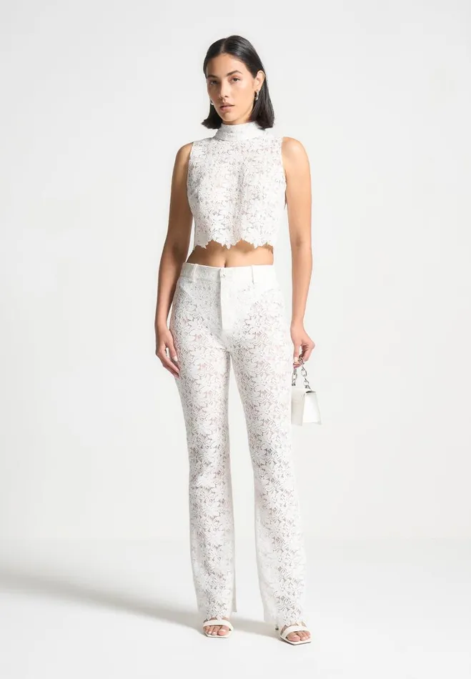 Manire De Voir Matching Sets Manire De Voir Woman Lace Fit And Flare Trousers 8211 White Manire De Voir Matching Sets Manire De Voir Woman Lace Fit And Flare Trousers 8211 White