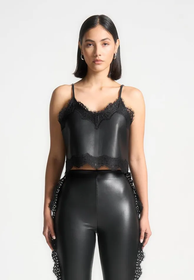 Manire De Voir Matching Sets Manire De Voir Woman Lace Trim Vegan Leather Camisole Top 8211 Black Manire De Voir Matching Sets Manire De Voir Woman Lace Trim Vegan Leather Camisole Top 8211 Black
