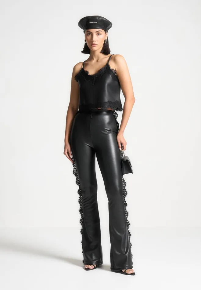 Manire De Voir Matching Sets Manire De Voir Woman Lace Trim Vegan Leather Fit And Flare Leggings 8211 Black Manire De Voir Matching Sets Manire De Voir Woman Lace Trim Vegan Leather Fit And Flare Leggings 8211 Black