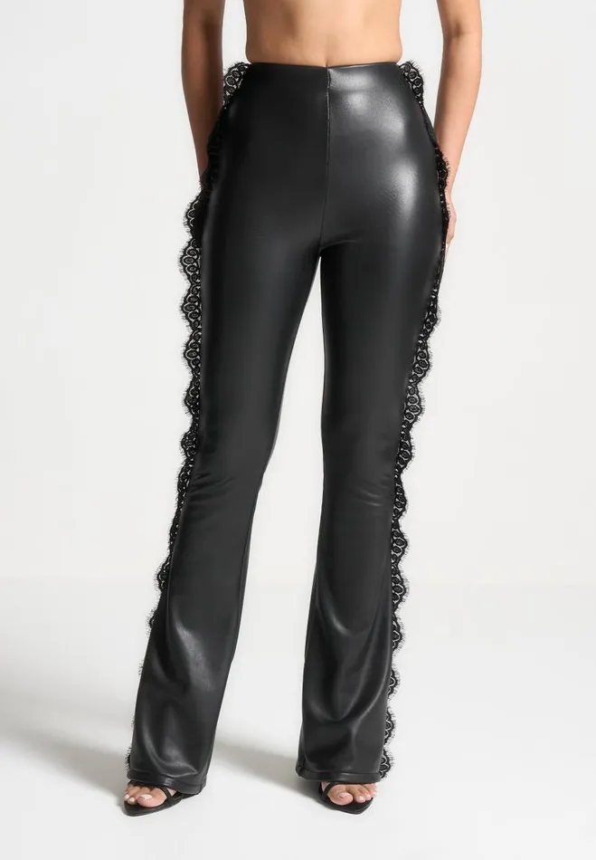 Manire De Voir Matching Sets Manire De Voir Woman Lace Trim Vegan Leather Fit And Flare Leggings 8211 Black