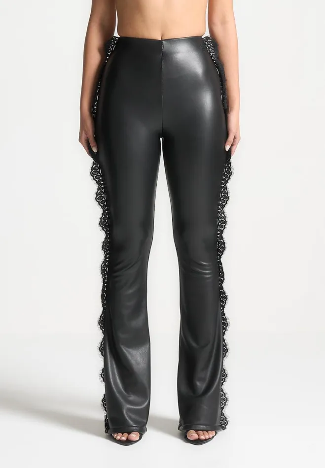 Manire De Voir Matching Sets Manire De Voir Woman Lace Trim Vegan Leather Fit And Flare Leggings 8211 Black