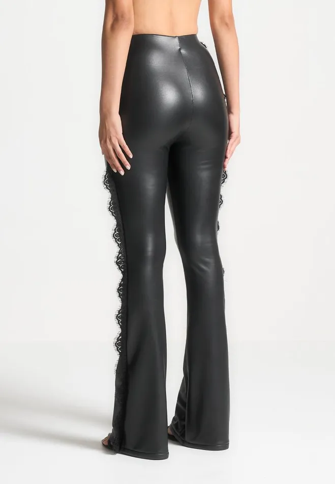 Manire De Voir Matching Sets Manire De Voir Woman Lace Trim Vegan Leather Fit And Flare Leggings 8211 Black