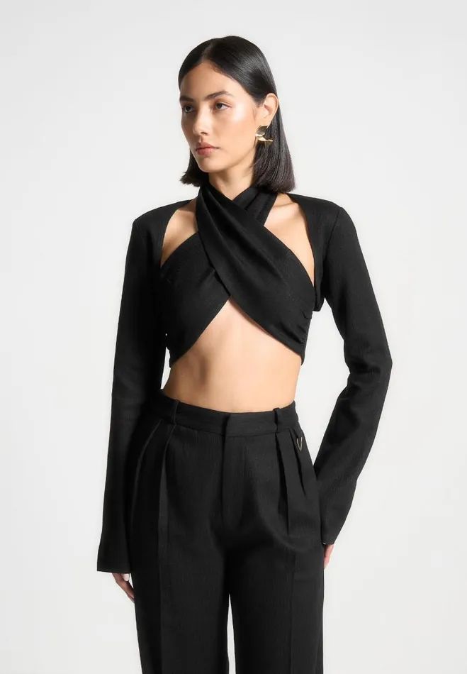 Manire De Voir Matching Sets Manire De Voir Woman Linen Crossover Bolero Top 8211 Black Manire De Voir Matching Sets Manire De Voir Woman Linen Crossover Bolero Top 8211 Black