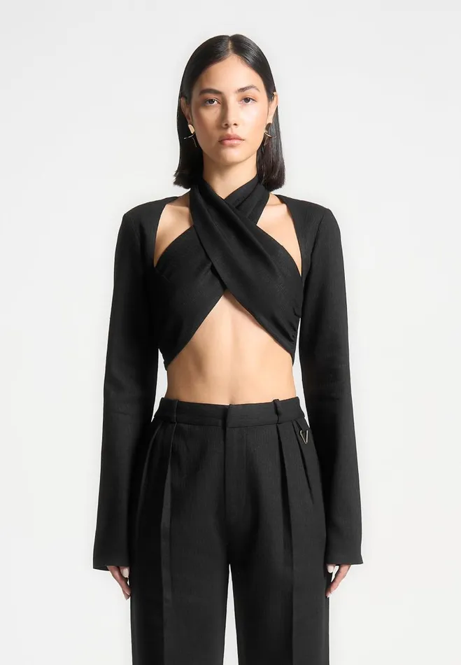 Manire De Voir Matching Sets Manire De Voir Woman Linen Crossover Bolero Top 8211 Black