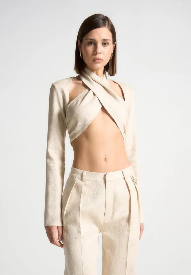 Manire De Voir Matching Sets Manire De Voir Woman Linen Crossover Bolero Top 8211 Natural Manire De Voir Matching Sets Manire De Voir Woman Linen Crossover Bolero Top 8211 Natural