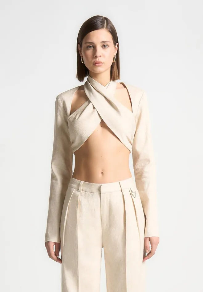 Manire De Voir Matching Sets Manire De Voir Woman Linen Crossover Bolero Top 8211 Natural