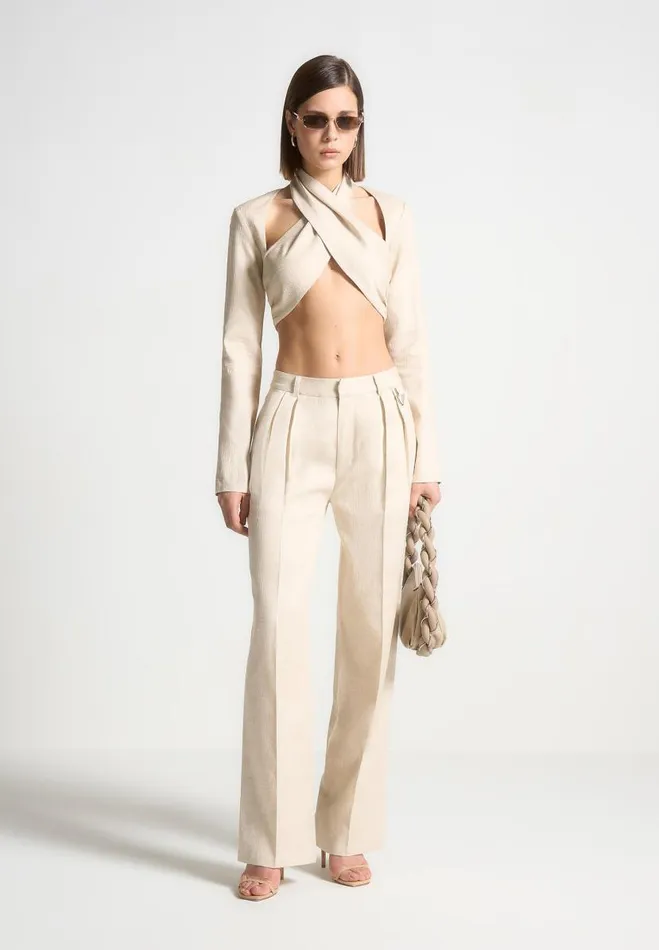 Manire De Voir Matching Sets Manire De Voir Woman Linen Crossover Bolero Top 8211 Natural