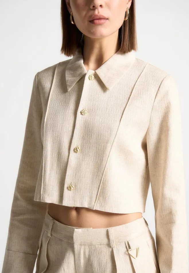 Manire De Voir Matching Sets Manire De Voir Woman Linen Pintuck Cropped Shirt 8211 Natural Manire De Voir Matching Sets Manire De Voir Woman Linen Pintuck Cropped Shirt 8211 Natural