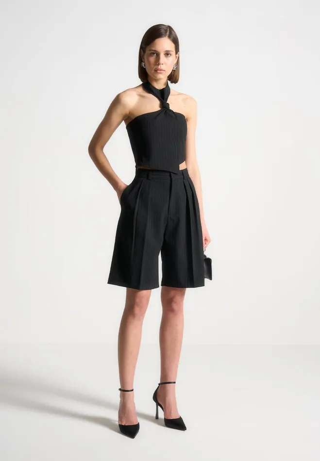 Manire De Voir Matching Sets Manire De Voir Woman Pinstripe Tailored City Shorts 8211 Black Manire De Voir Matching Sets Manire De Voir Woman Pinstripe Tailored City Shorts 8211 Black