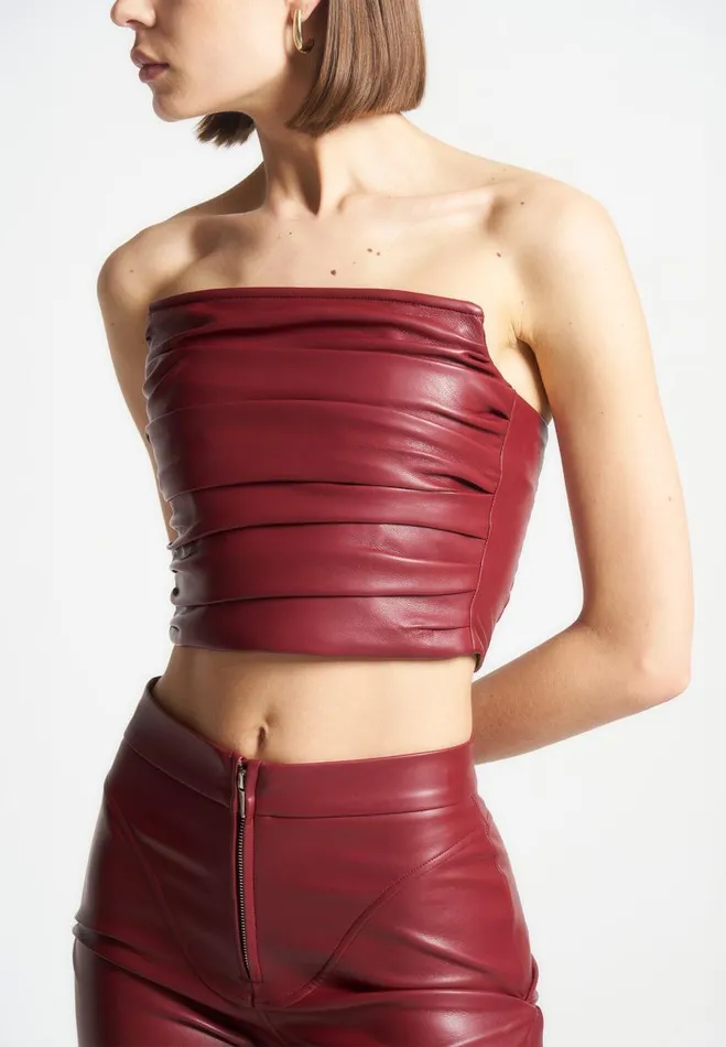 Manire De Voir Matching Sets Manire De Voir Woman Pleated Bandeau Vegan Leather Corset Top 8211 Wine Red Manire De Voir Matching Sets Manire De Voir Woman Pleated Bandeau Vegan Leather Corset Top 8211 Wine Red