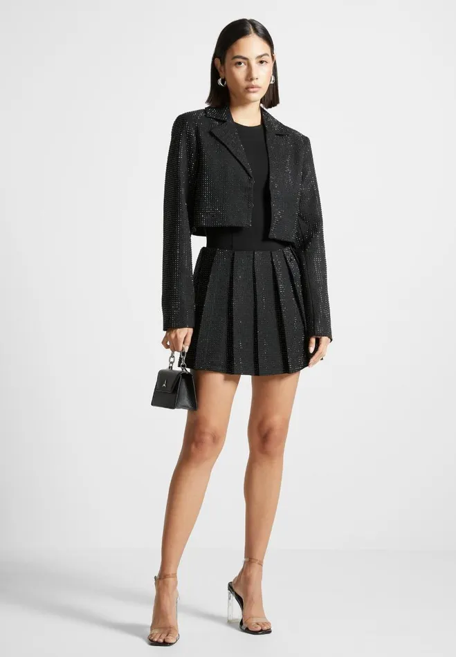 Manire De Voir Matching Sets Manire De Voir Woman Rhinestone Cropped Blazer 8211 Black Manire De Voir Matching Sets Manire De Voir Woman Rhinestone Cropped Blazer 8211 Black
