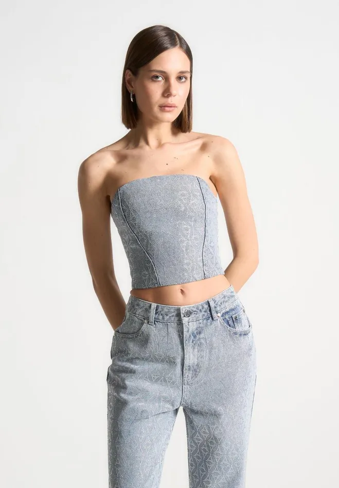 Manire De Voir Matching Sets Manire De Voir Woman Rhinestone Eiffel Denim Bandeau Corset Top 8211 Mid Blue Manire De Voir Matching Sets Manire De Voir Woman Rhinestone Eiffel Denim Bandeau Corset Top 8211 Mid Blue