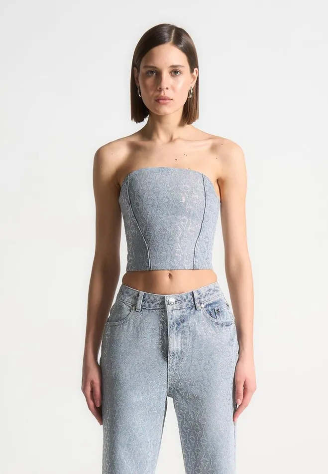 Manire De Voir Matching Sets Manire De Voir Woman Rhinestone Eiffel Denim Bandeau Corset Top 8211 Mid Blue