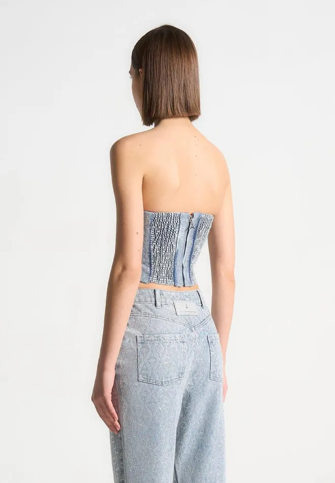 Manire De Voir Matching Sets Manire De Voir Woman Rhinestone Eiffel Denim Bandeau Corset Top 8211 Mid Blue