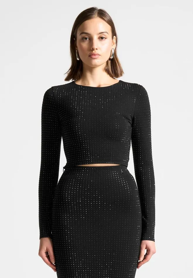 Manire De Voir Matching Sets Manire De Voir Woman Rhinestone Long Sleeve Bandage Top 8211 Black Manire De Voir Matching Sets Manire De Voir Woman Rhinestone Long Sleeve Bandage Top 8211 Black