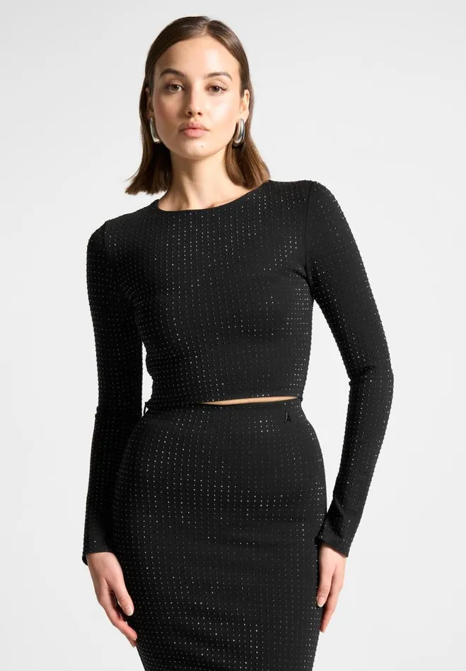 Manire De Voir Matching Sets Manire De Voir Woman Rhinestone Long Sleeve Bandage Top 8211 Black
