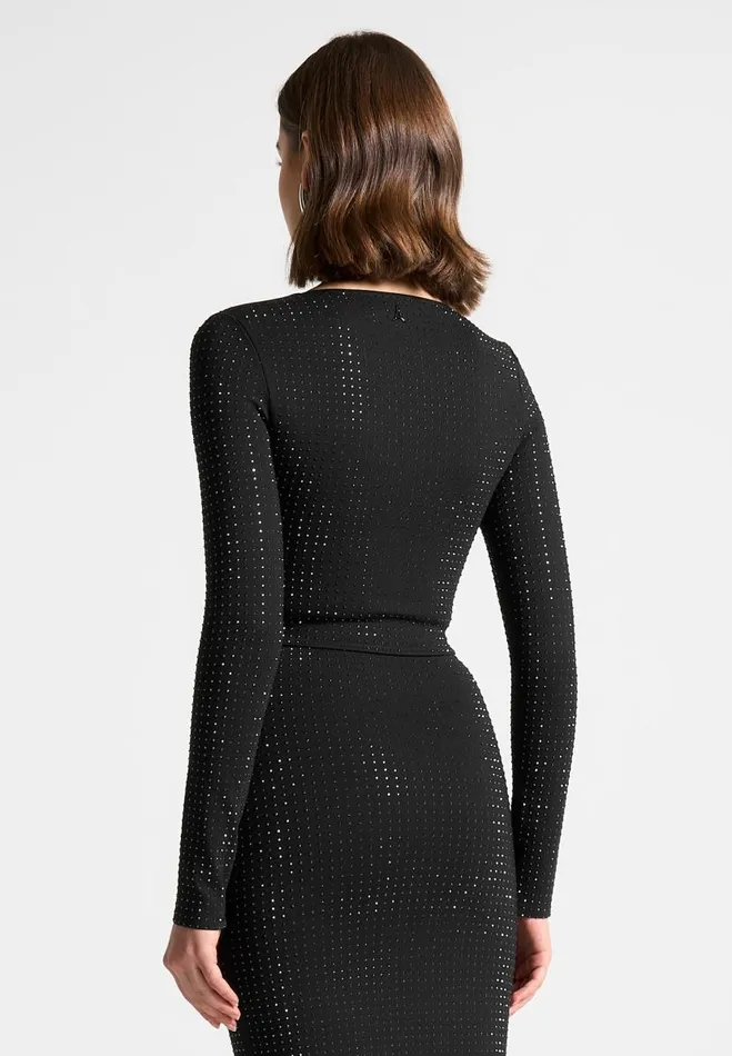 Manire De Voir Matching Sets Manire De Voir Woman Rhinestone Long Sleeve Bandage Top 8211 Black