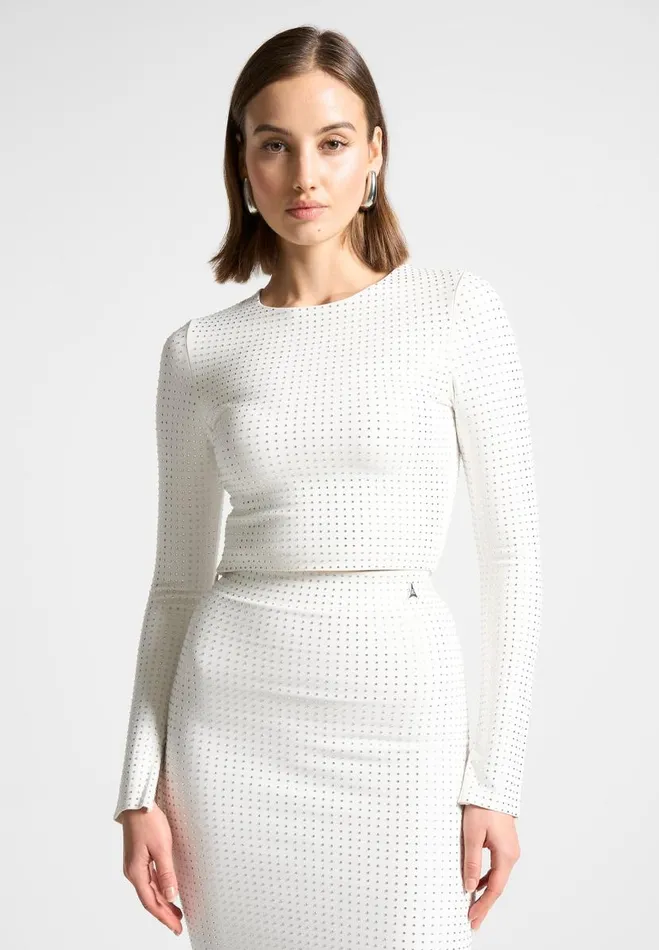 Manire De Voir Matching Sets Manire De Voir Woman Rhinestone Long Sleeve Bandage Top 8211 White Manire De Voir Matching Sets Manire De Voir Woman Rhinestone Long Sleeve Bandage Top 8211 White