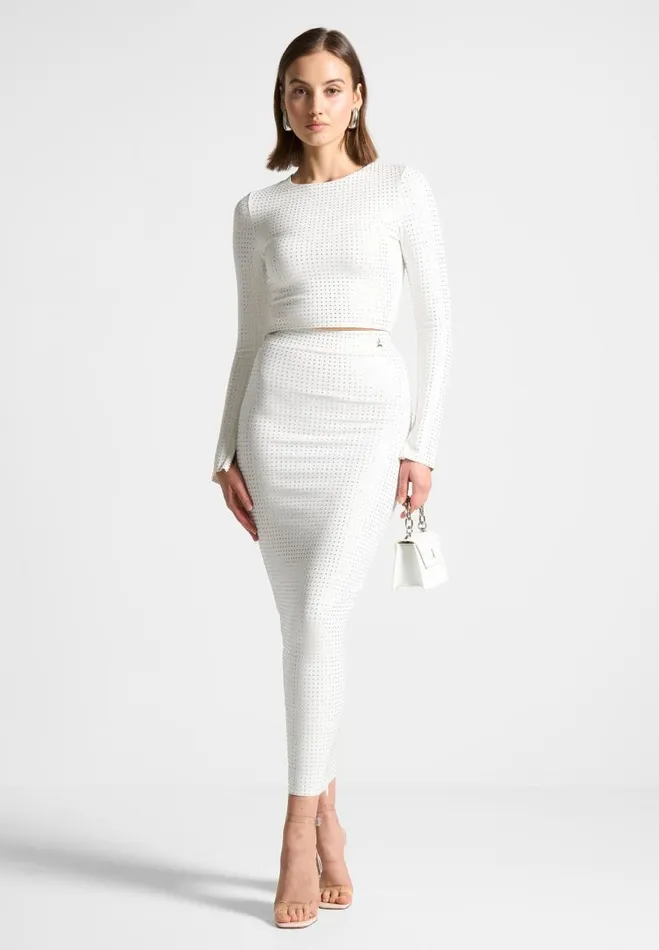 Manire De Voir Matching Sets Manire De Voir Woman Rhinestone Long Sleeve Bandage Top 8211 White