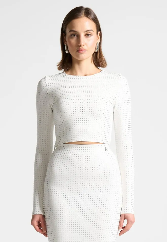 Manire De Voir Matching Sets Manire De Voir Woman Rhinestone Long Sleeve Bandage Top 8211 White