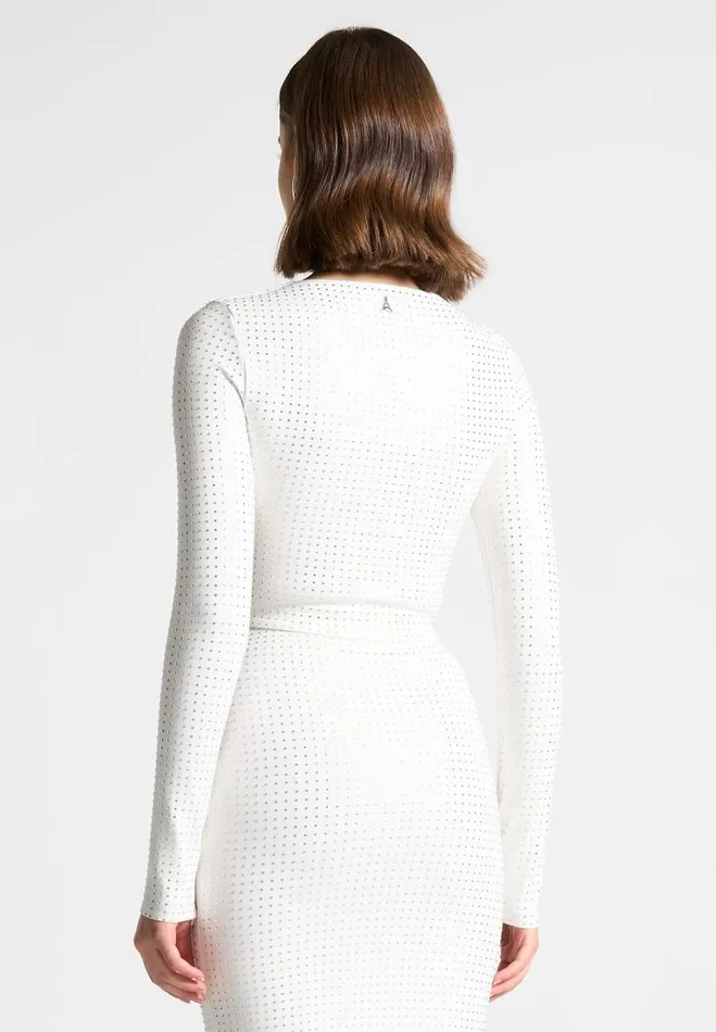 Manire De Voir Matching Sets Manire De Voir Woman Rhinestone Long Sleeve Bandage Top 8211 White