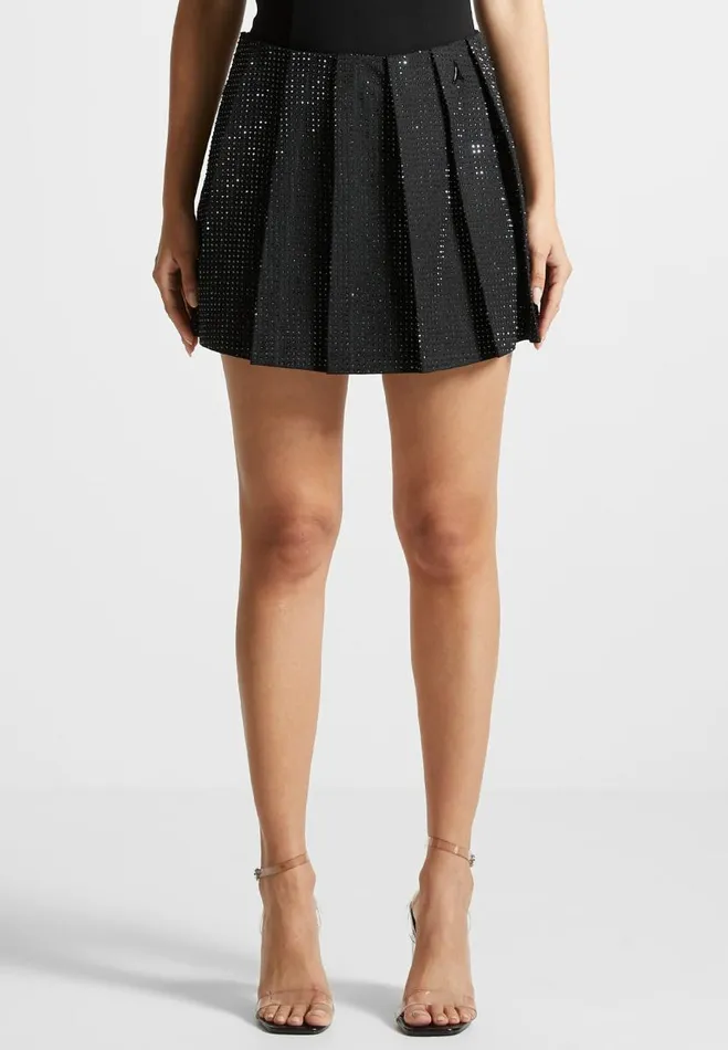 Manire De Voir Matching Sets Manire De Voir Woman Rhinestone Pleated Mini Skort 8211 Black Manire De Voir Matching Sets Manire De Voir Woman Rhinestone Pleated Mini Skort 8211 Black