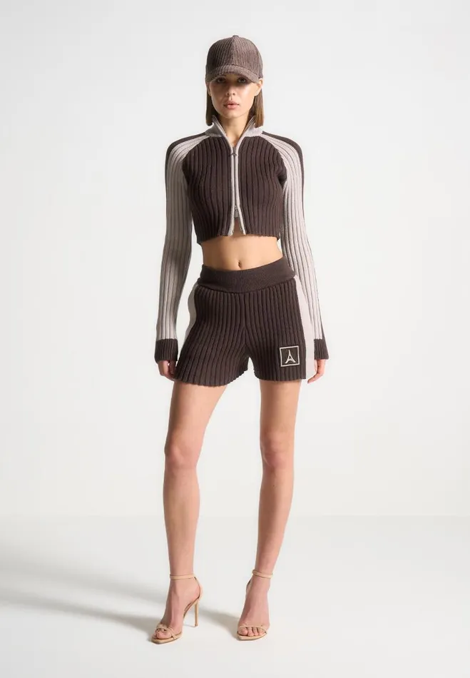 Manire De Voir Matching Sets Manire De Voir Woman Rib Knit Track Jacket 8211 BrownBeige Manire De Voir Matching Sets Manire De Voir Woman Rib Knit Track Jacket 8211 BrownBeige
