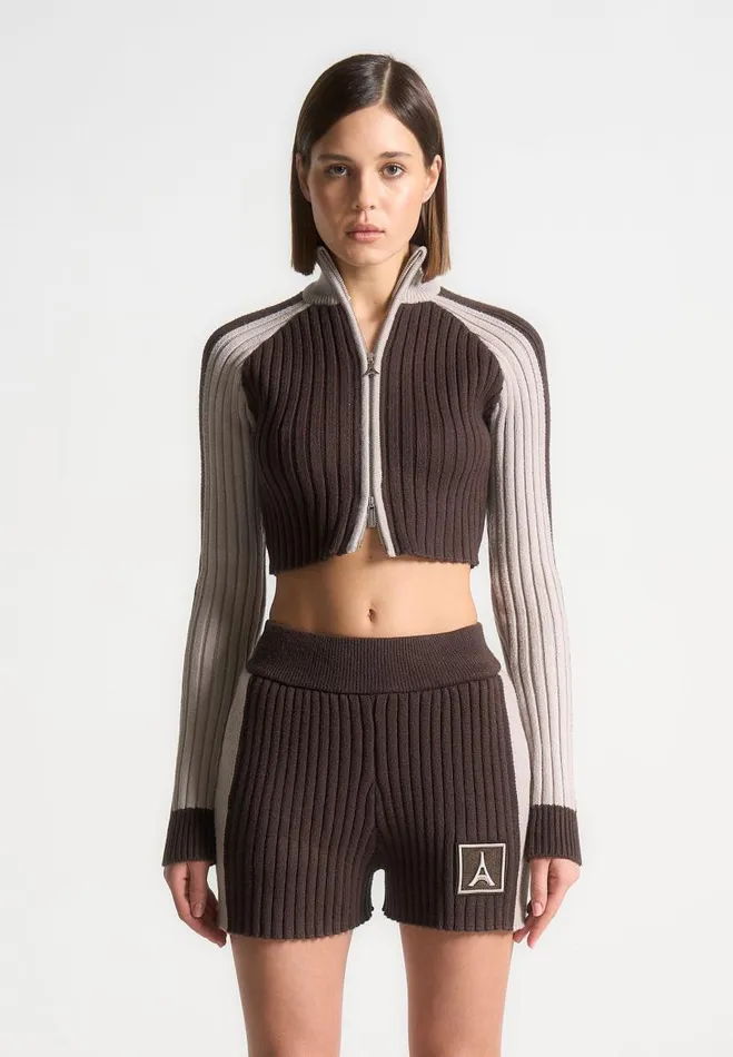 Manire De Voir Matching Sets Manire De Voir Woman Rib Knit Track Jacket 8211 BrownBeige