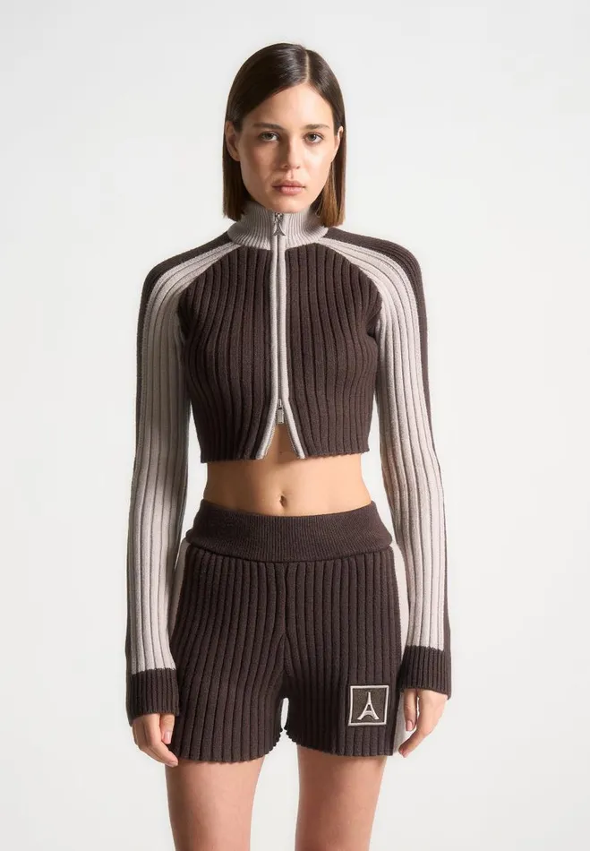 Manire De Voir Matching Sets Manire De Voir Woman Rib Knit Track Jacket 8211 BrownBeige