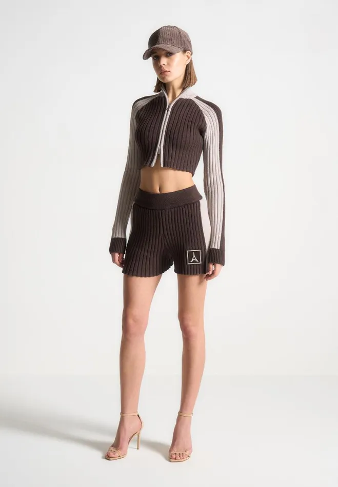 Manire De Voir Matching Sets Manire De Voir Woman Rib Knit Track Shorts 8211 BrownBeige