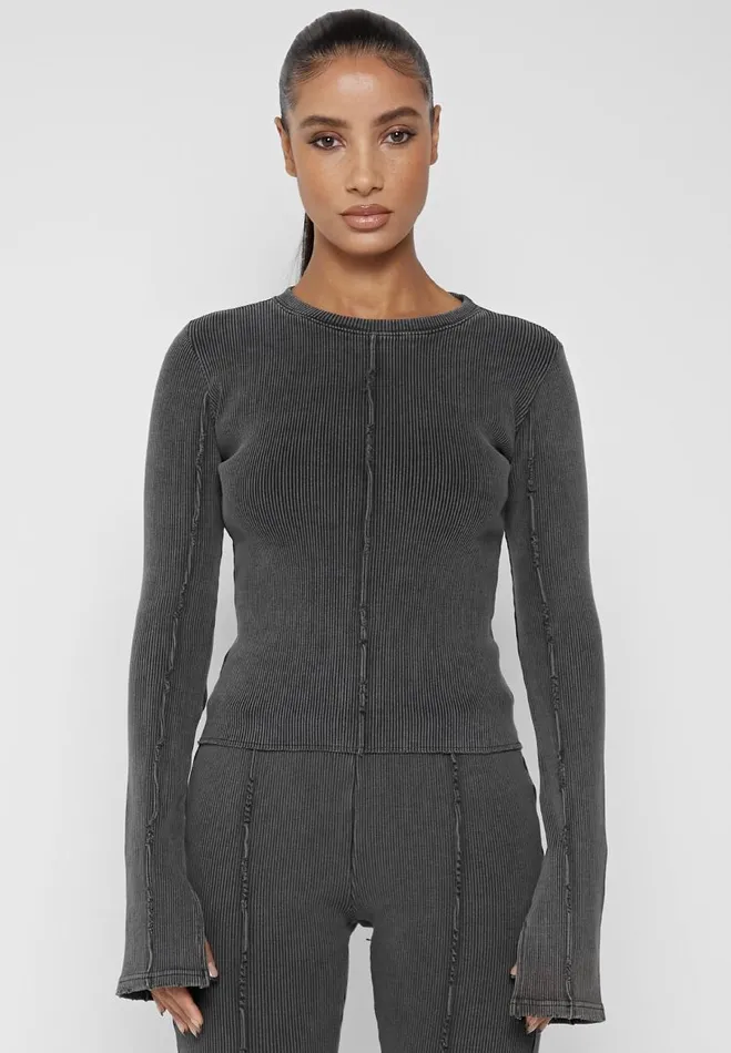 Manire De Voir Matching Sets Manire De Voir Woman Ribbed Long Sleeve Top 8211 Washed Grey Manire De Voir Matching Sets Manire De Voir Woman Ribbed Long Sleeve Top 8211 Washed Grey