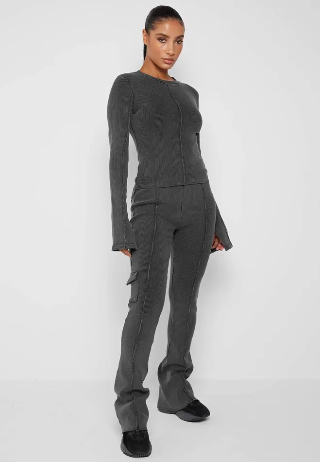 Manire De Voir Matching Sets Manire De Voir Woman Ribbed Long Sleeve Top 8211 Washed Grey