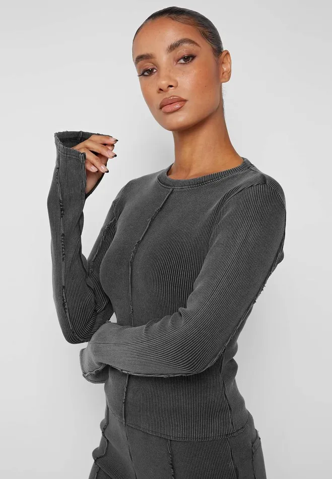 Manire De Voir Matching Sets Manire De Voir Woman Ribbed Long Sleeve Top 8211 Washed Grey